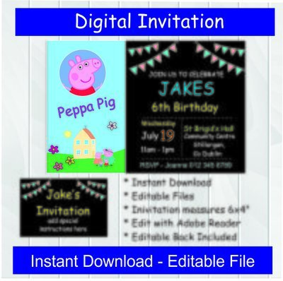 Peppa Pig Party Invitation - Editable Digital PDF - Instant Download - 6x4