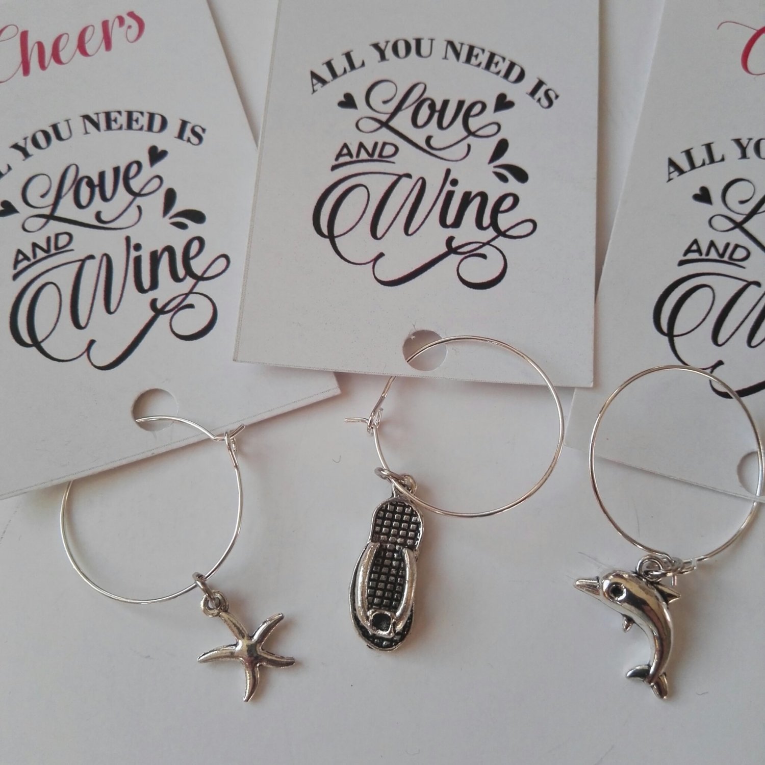 Beach Charms, Drinks Glass Charms Markers(3's) flip flop, dolphin & starfish charms