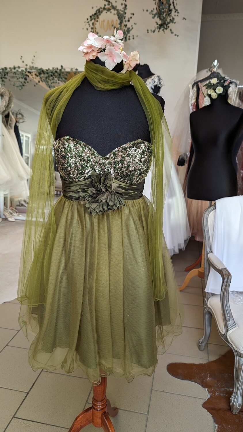 Kleid kurz Gr. 38, Spitze/Pailletten, Spaghettiträgern, dunkelgrün, sehr schick