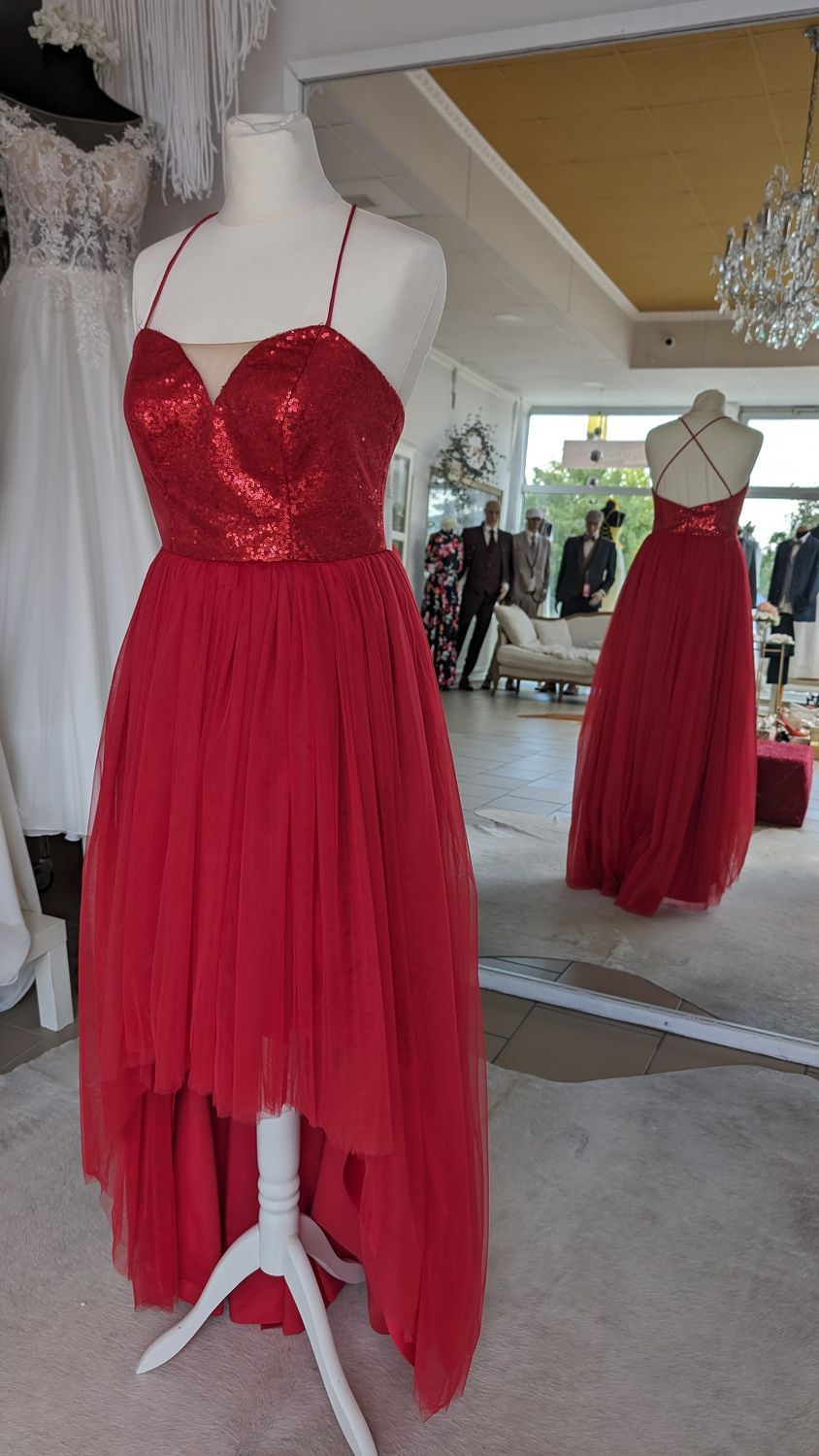 Mädchenkleid Gr. 38 Vokuhila hinten Reißverschluss/Schleife/Pailletten rot