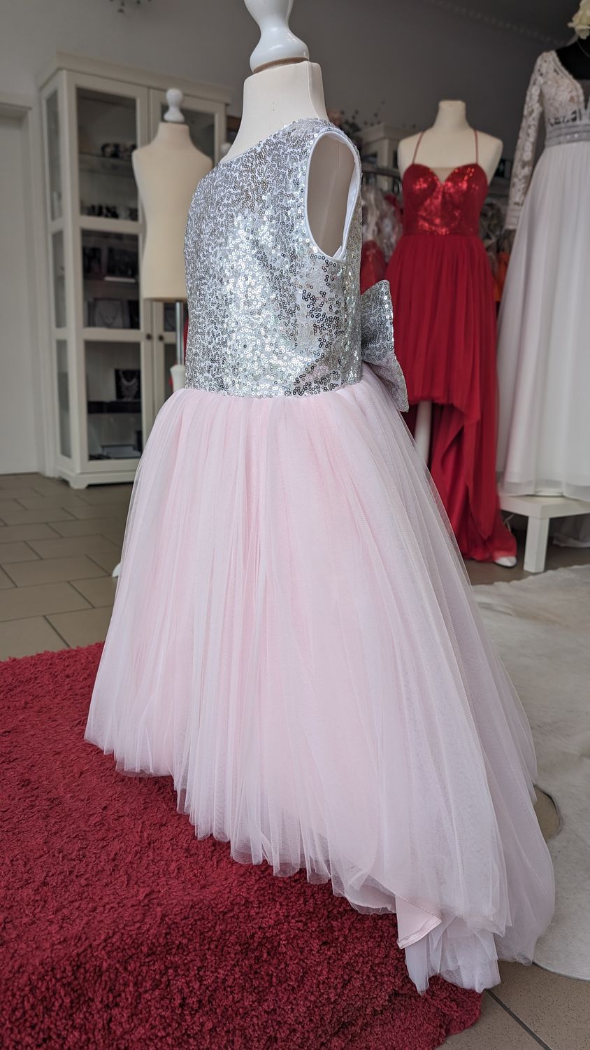 Mädchenkleid Gr. 110 hinten Reißverschluss/dekorative Schleife, Pailletten, Tüll, hellrosa