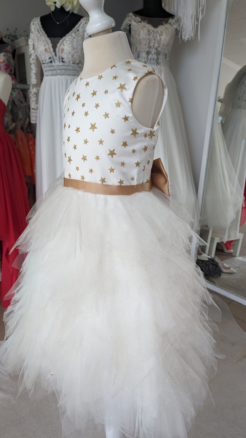 Mädchenkleid Gr. 98 hinten Reißverschluss/dekorative Schleife, Tüll, goldene Sternchen, weiß/gold
