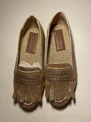 gold glitter fringe loafers