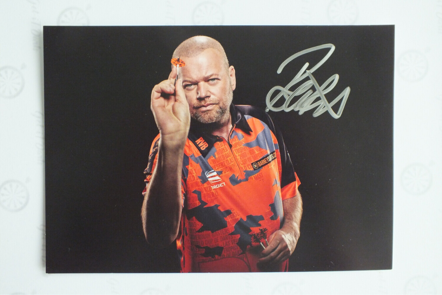 Raymond van Barneveld signed photocard A5 20x15