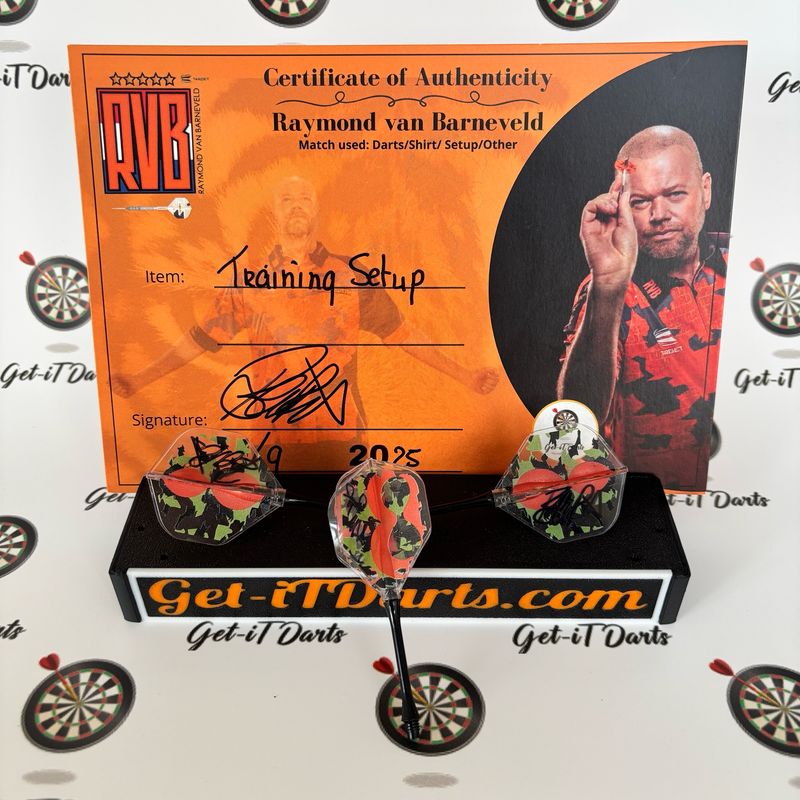 Raymond Van Barneveld training setup, with signed Flights 