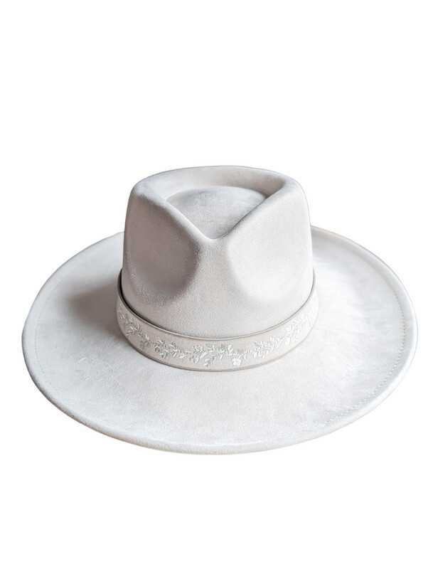 Ivory Faux Suede Embroidered Trim Fedora