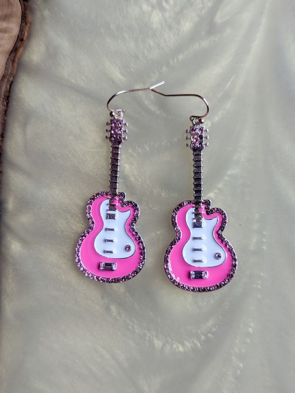 Pink Rhinestone Rim Guitar Earrings