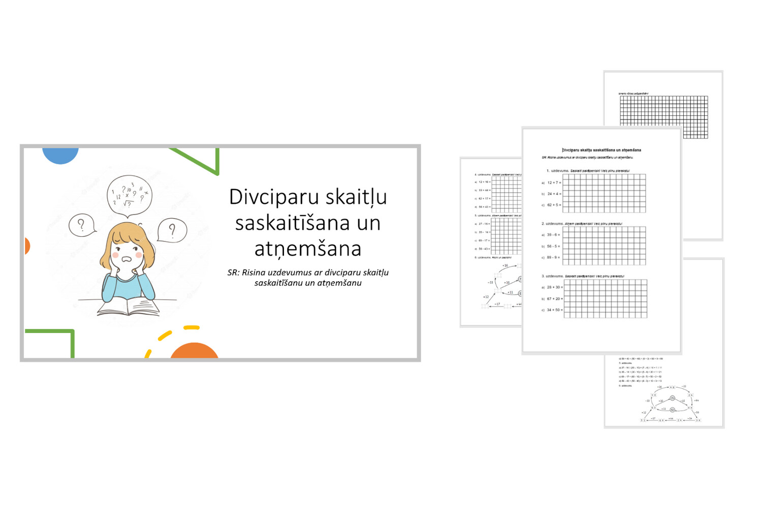 &quot;Divciparu skaitļu saskaitīšana un atņemšana&quot; Prezentācija, darba lapa