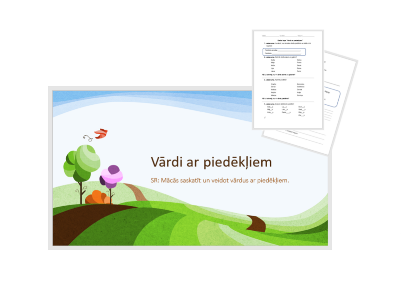 &quot;Vārdi ar piedēkļiem&quot; Prezentācija, darba lapa