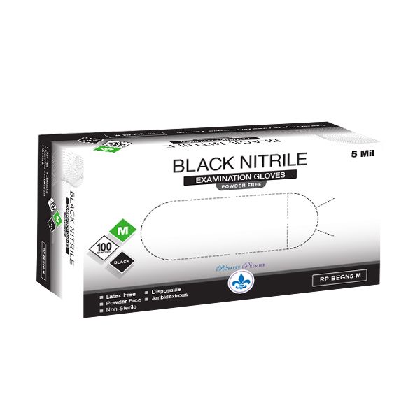 Royalty Premier Medium Black 5mil Exam Powder Free Gloves