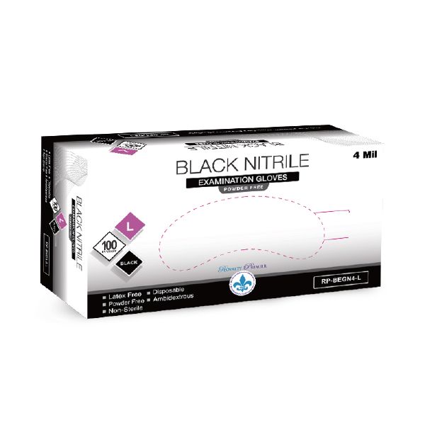 Large Black 4mil Exam Powder Free Gloves