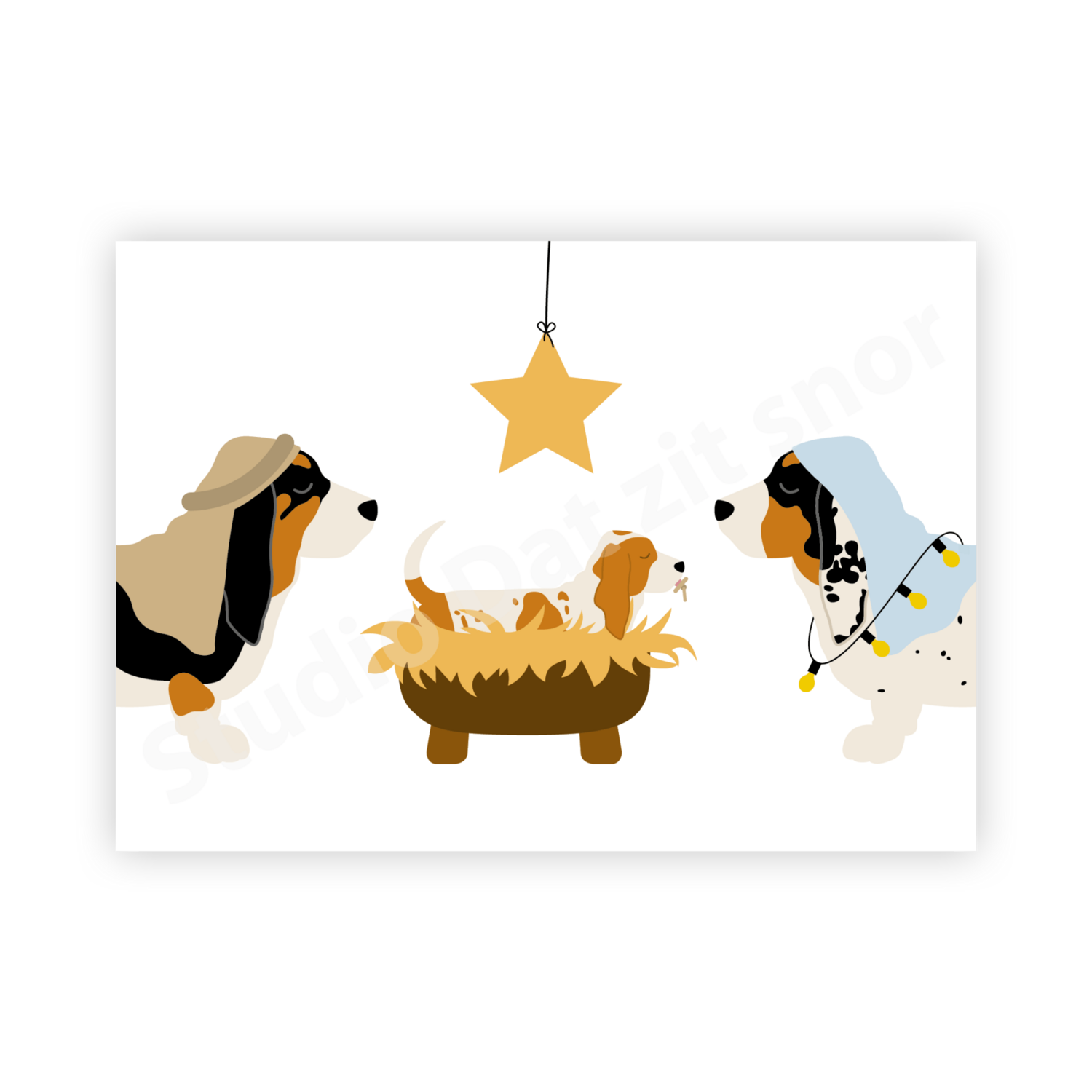 Kaart | Kerstkaart Basset Hound kribbe