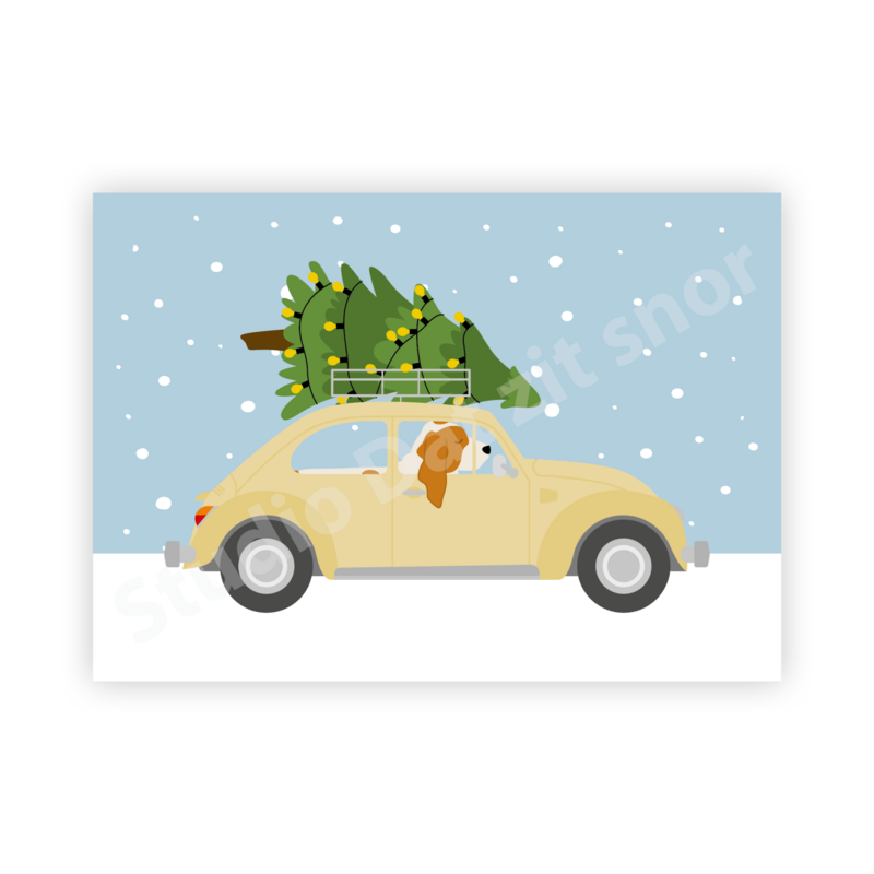 Kaart | Kerstkaart Basset Hound auto