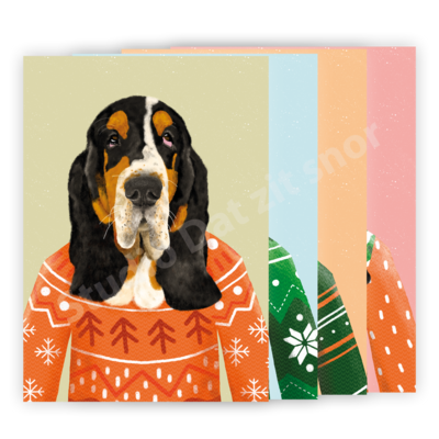 Kaartenset | Basset Hound Foute kersttrui (12 stuks)