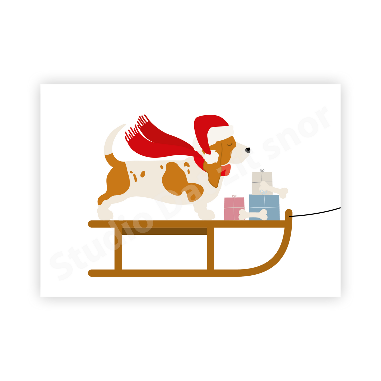 Kaart | Kerstkaart Basset Hound Houten slee