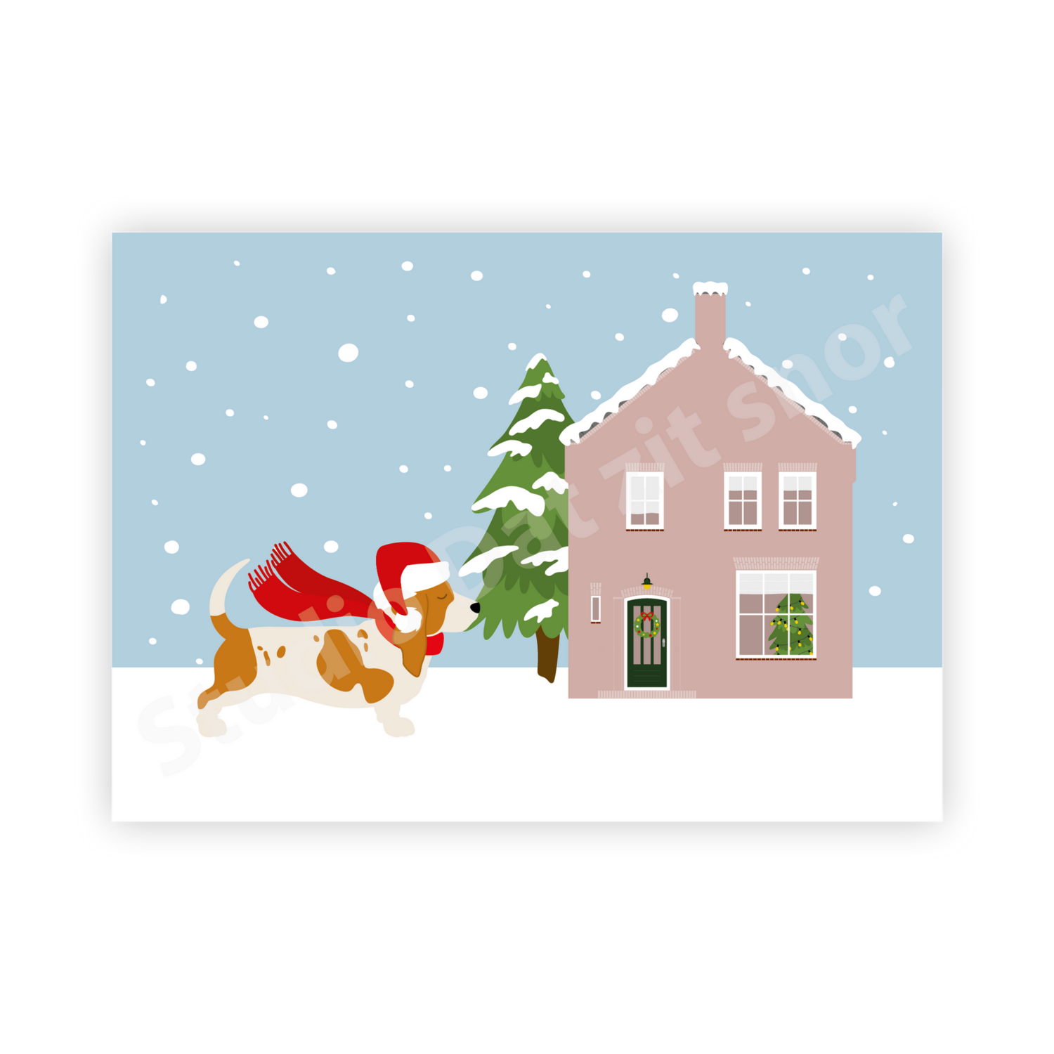 Kaart | Kerstkaart Basset Hound Huis
