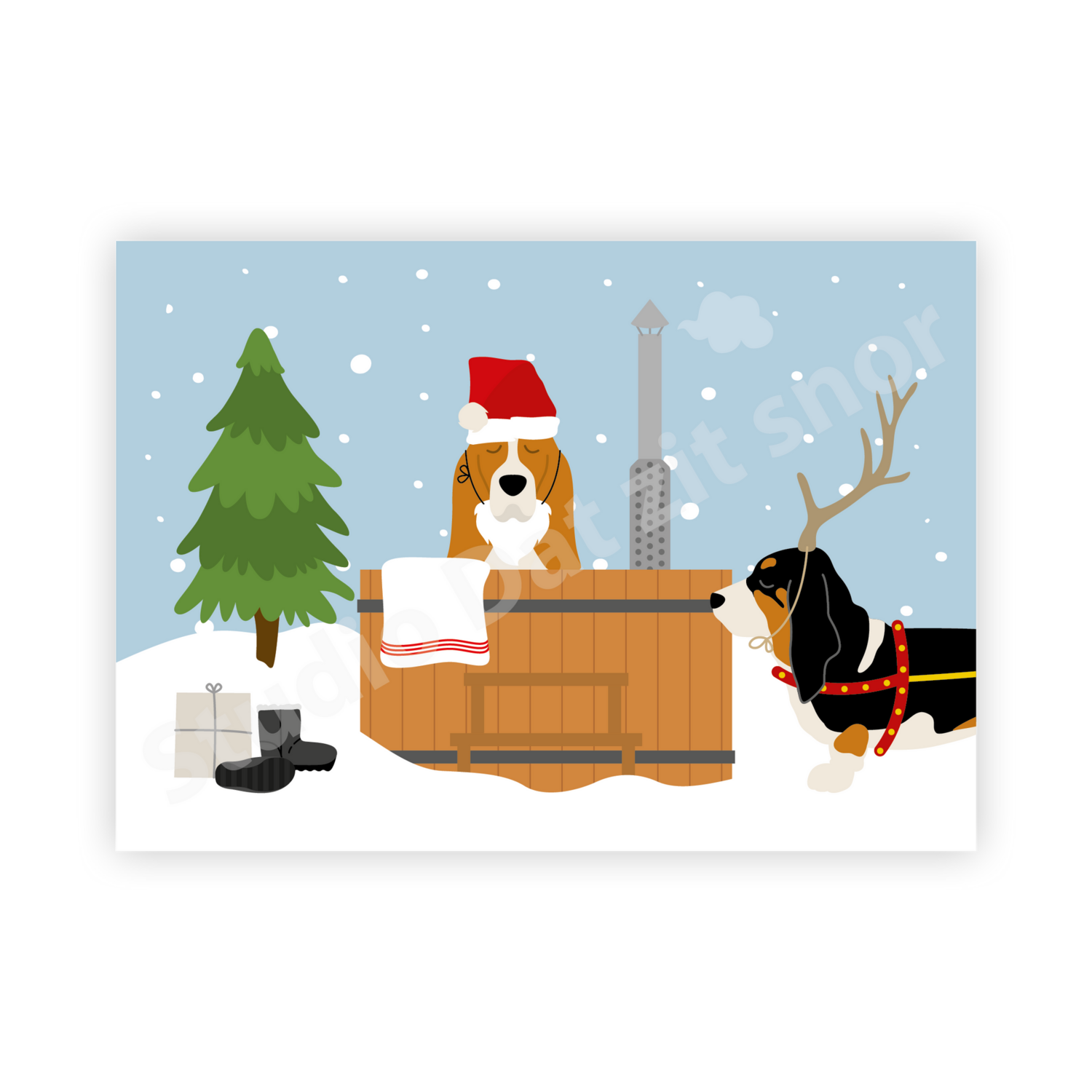 Kaart | Kerstkaart Basset Hound Hottub