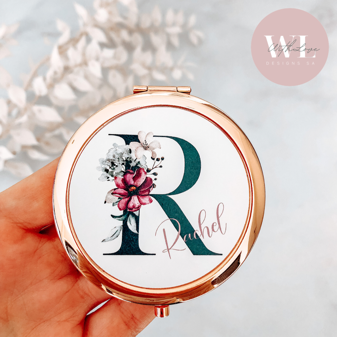 Compact Mirror - Black Floral Letter