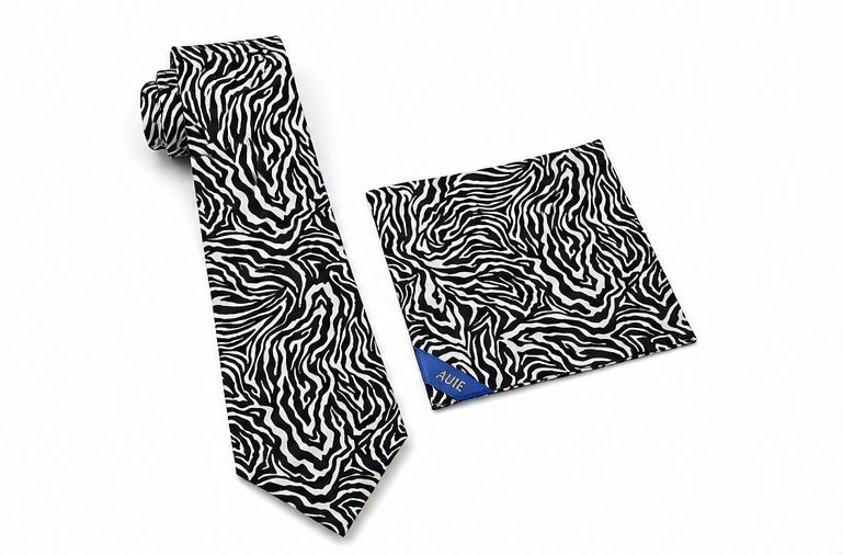 AUIE Black and White Zebra Print Necktie and Pocket Square Set