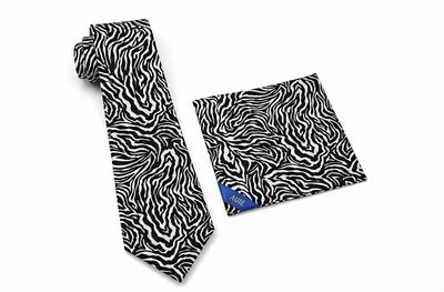 AUIE Black and White Zebra Print Necktie and Pocket Square Set