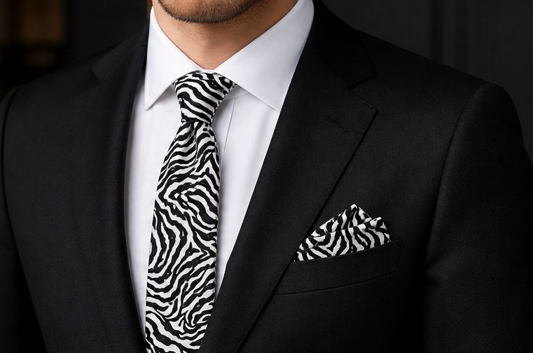 AUIE Black and White Zebra Print Necktie and Pocket Square Set