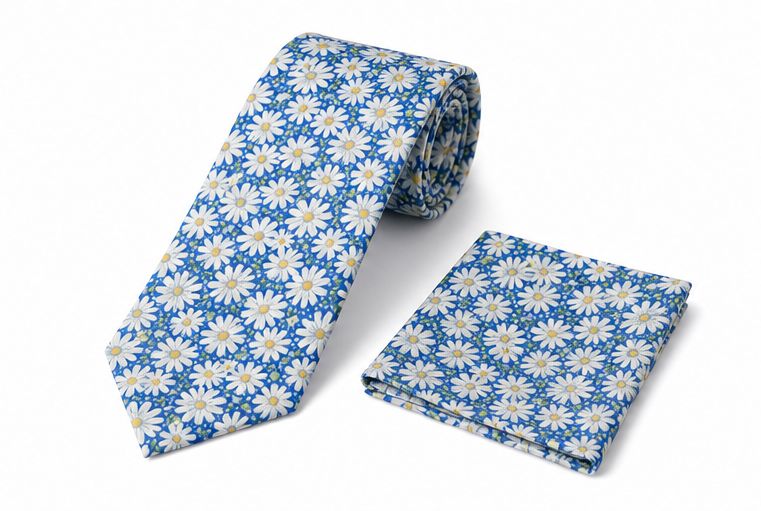 AUIE Blue Daisy Floral Necktie and Pocket Square Set