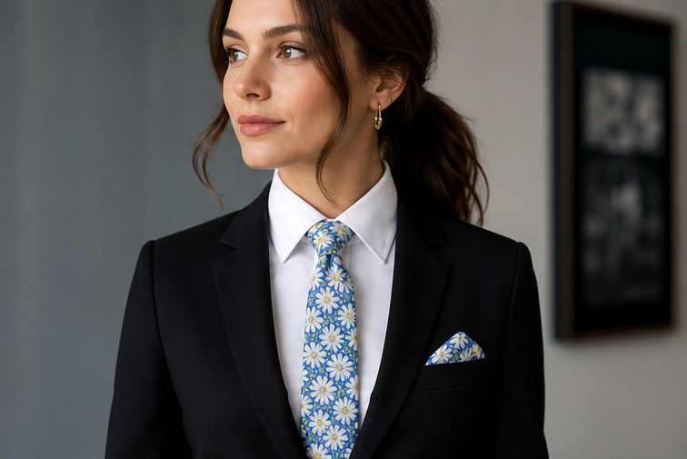 AUIE Blue Daisy Floral Necktie and Pocket Square Set