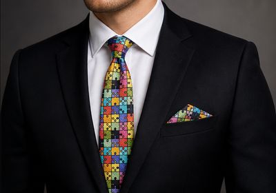 AUIE Colorful Puzzle Piece Necktie and Pocket Square Set