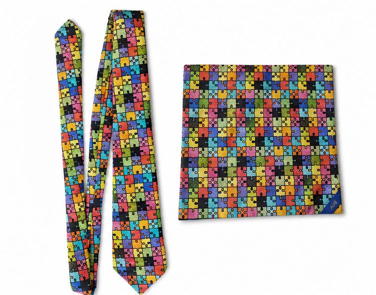 AUIE Colorful Puzzle Piece Necktie and Pocket Square Set