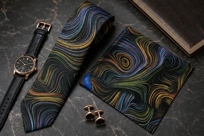 AUIE Black Rainbow Line Art Necktie and Pocket Square Set