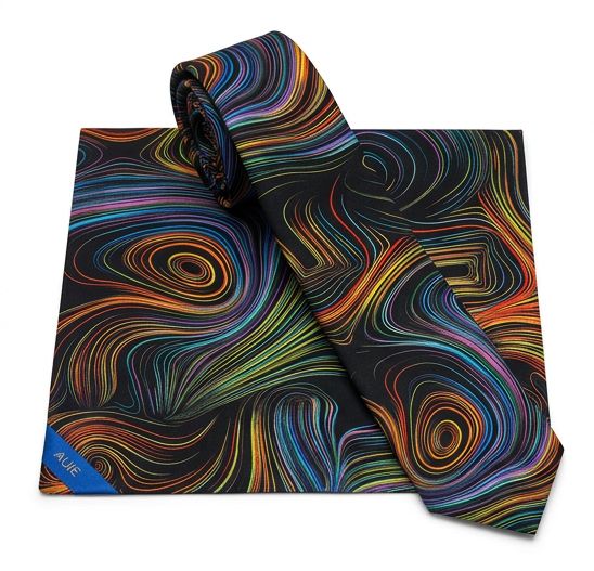 AUIE Black Rainbow Line Art Necktie and Pocket Square Set