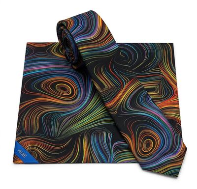 AUIE Black Rainbow Line Art Necktie and Pocket Square Set