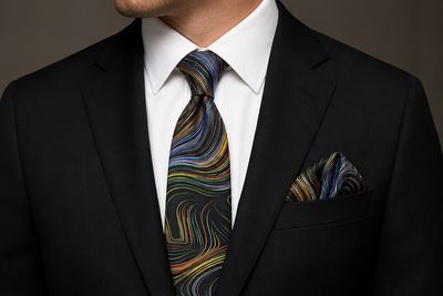 AUIE Black Rainbow Line Art Necktie and Pocket Square Set