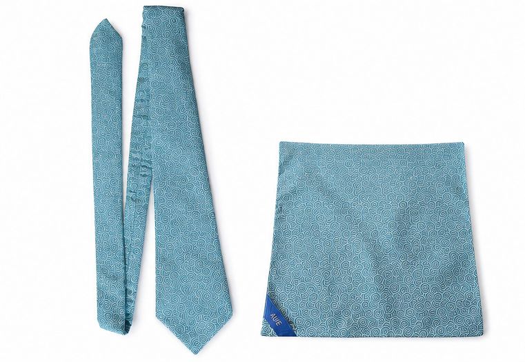 AUIE Turquoise Blue Swirl Necktie and Pocket Square Set