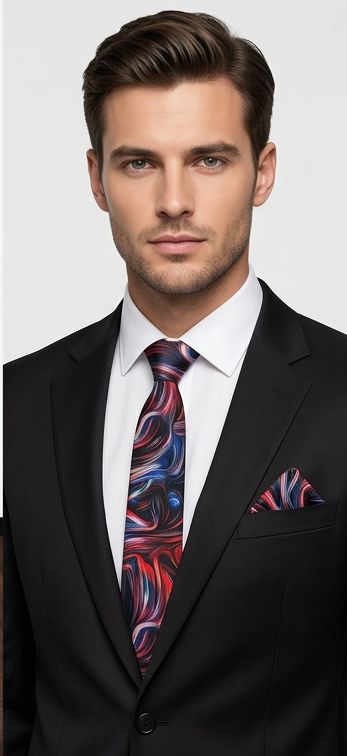 AUIE Red and Blue Abstract Swirl Necktie and Pocket Square Set