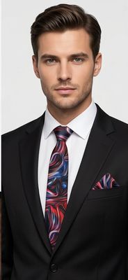 AUIE Red and Blue Abstract Swirl Necktie and Pocket Square Set