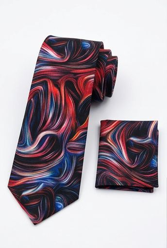 AUIE Red and Blue Abstract Swirl Necktie and Pocket Square Set