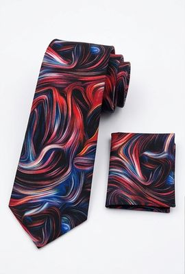 AUIE Red and Blue Abstract Swirl Necktie and Pocket Square Set