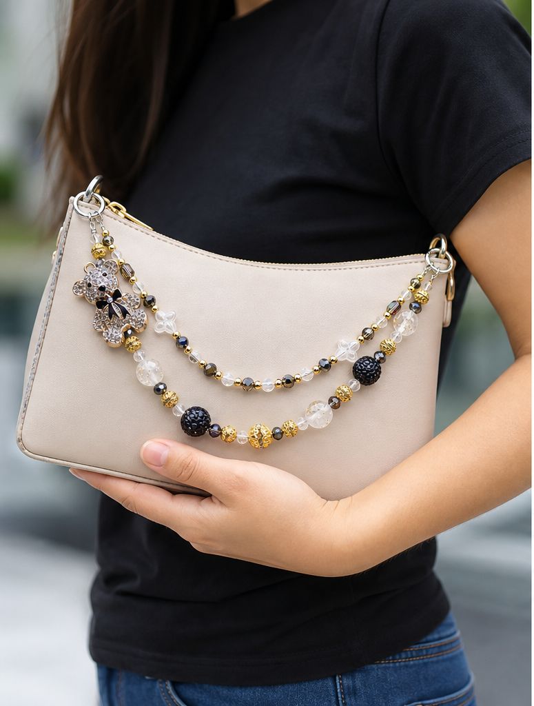 Black, Gold and Clear Bear Beaded Purse Charm Chain