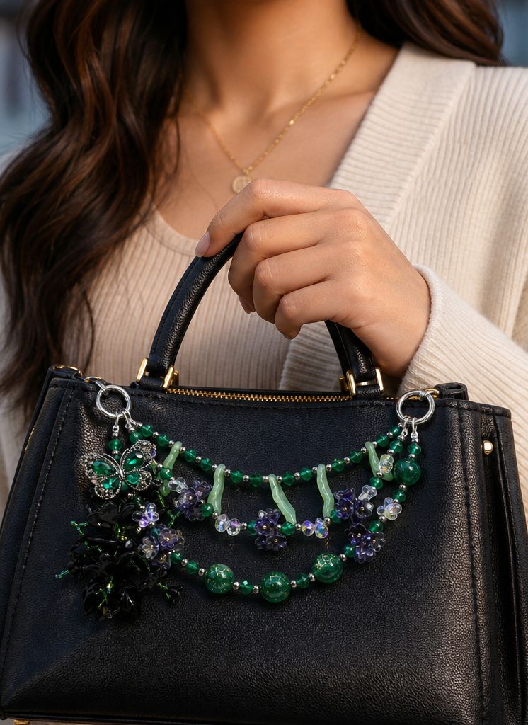 Green Butterfly Floral Beaded Purse Charm Chain
