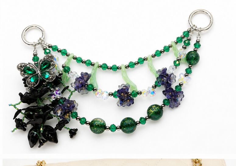 Green Butterfly Floral Beaded Purse Charm Chain
