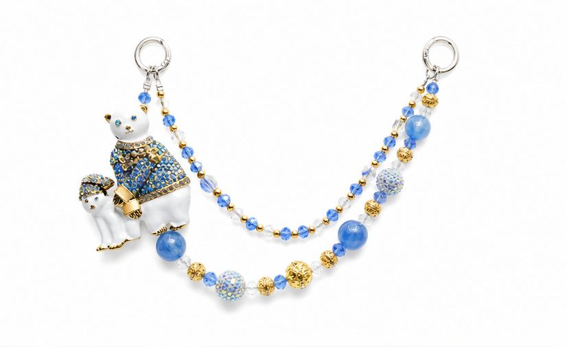 Blue and Gold Bear Beaded Purse Charm Chain