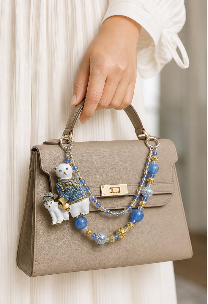Blue and Gold Bear Beaded Purse Charm Chain