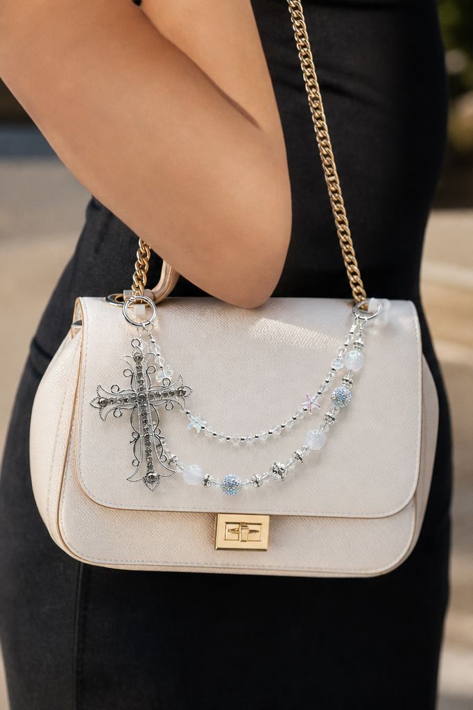 Silver Cross Beaded Purse Charm Chain
