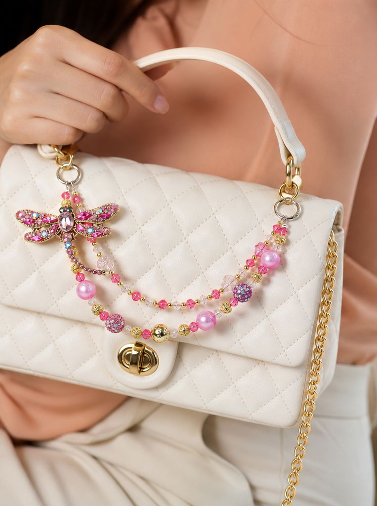 Pink Dragonfly Beaded Purse Charm Chain
