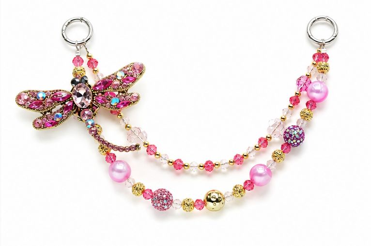 Pink Dragonfly Beaded Purse Charm Chain