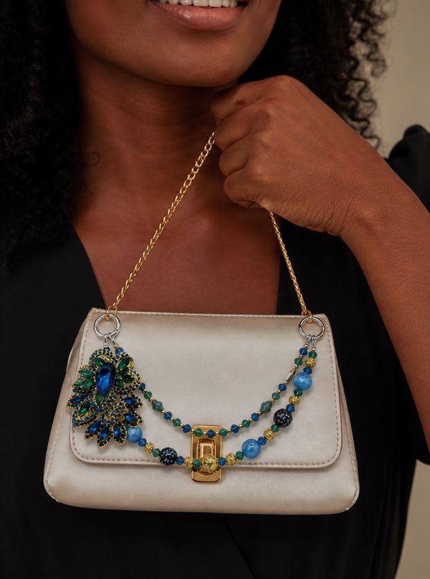 Blue and Emerald Gem Beaded Purse Charm Chain