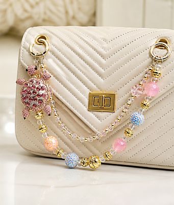 Pink Turtle Beaded Purse Charm with Gold Tone Accent Chain