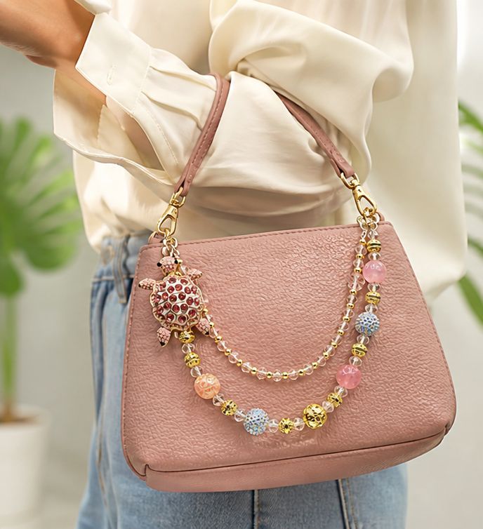Pink Turtle Beaded Purse Charm with Gold Tone Accent Chain