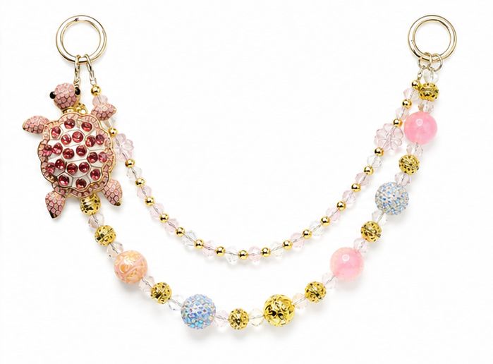 Pink Turtle Beaded Purse Charm with Gold Tone Accent Chain